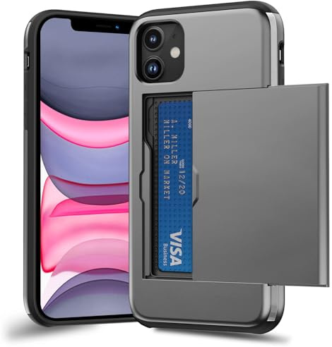 ACOCOBUY Sliding Case with Card Holder for iPhone 11 6.1 inch Cover Gray | Hidden Pocket IDs Credit Slot Heavy Duty Shockproof Protective Hard PC Soft TPU Wallet Phone Case Back Shell for Men Women