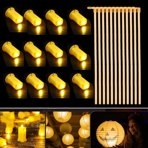 12 Bastoni di Lanterna LED, Luci Mini, Palloncini Luci, Bastoni di Lanterne in Legno, Deco Light per Lanterne e Lumini, Giocattoli per Decorazione della Festa di Halloween