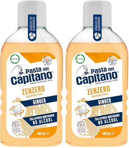 Pasta del Capitano, Bain de Bouche au Gingembre, Bain de Bouche Quotidien sans Alcool, Garantit une Action Rafraîchissante, avec un Antibactérien, 100% Made in Italy, Flacon de 400 ml (Lot de 2)