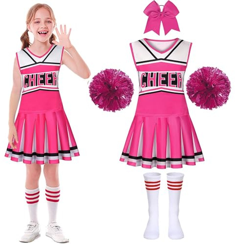 Déguisement Pompom Girl Uniforme de Pompom Girl Fille Costume de Pom-Pom Girl avec Pom Poms Chaussettes Deguisement Cheerleader pour Halloween Carnaval Mascarade, 4-14 ans