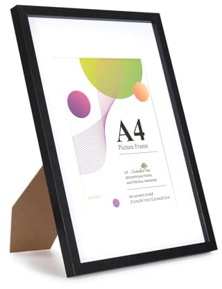 Scholartree A4-Rahmen, schwarzer A4-Bilderrahmen, Holz mit A5-Passepartout, mit Ständer, Tisch- oder Wandbehang, 1 Packung