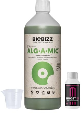GROWMANIA Alg-A-Mic de BioBizz 1 l + Échantillon Boost Up Nutrients + Verre doseur | Revitalisateur de plantes bio | Excellent pour les jardins et jardins moyens