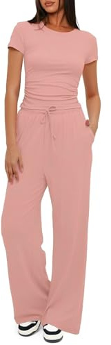 crazy bean Chándales Para Mujer Fashion Casual Conjunto Deportivo de Cintura Alta con CordóN Para Mujer 2-Piezas Suave Top Manga Corta PantalóN Pata Ancha Rosa XL
