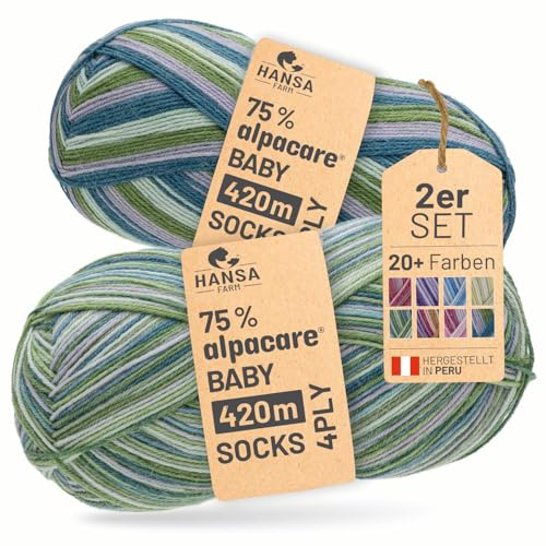 HANSA-FARM |alpacare 75% waschbare Baby Alpaka Socks 224g Set (2 x 112g) Sockenwolle kratzfreie Wolle zum Stricken & Häkeln - SE7 Mirror Lake