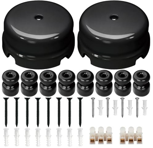 QuirkLz 2 pezzi Scatola di Derivazione in Porcellana, coperchio scatola derivazione porcellana vintage a 4 uscite, con 8 isolatori ceramica, Nero lucido, Ø 78mm