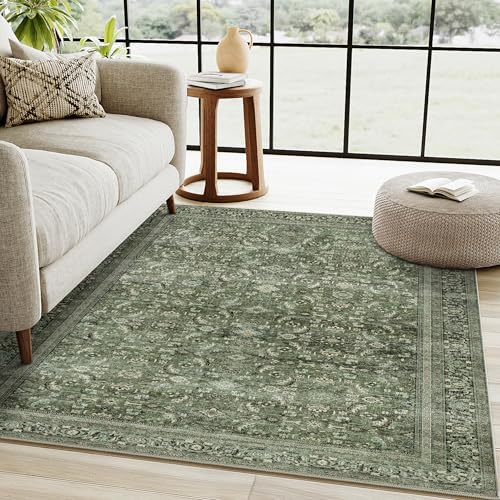 HUGEAR Vintage Teppich Wohnzimmer 120x170cm Grün Waschbar | Waschbarer Retro Teppich,Weich,Rutschfest Kurzflor,Groß,für Wohnzimmer,Schlafzimmer, Esszimmer,Büro,Carpet,Teppiche