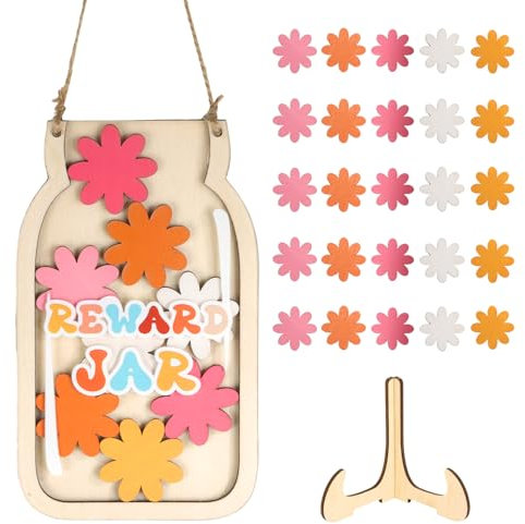 Prmape Belohnungsglas für Kinder, Belohnungsglas Klassenzimmer mit 25 Blumen, Belohnungssystem Kinder Glas aus Holz, Belohnungsglas Schule für Gutes Benehmen, Zuhause und Schule