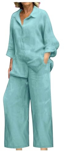 Conjunto de 2 piezas de lino para mujer verano 2024, camisas sueltas de manga larga, pantalones de pierna ancha, conjuntos a juego de tallas grandes, vestidos de vacaciones Pantalones estrechos, Menta