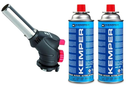 Kemper - Torcia Cannello a gas, Scottatore da Cucina, Caramellatore + 2 Ricarica di Gas Butano da 227 g, multifunzione (2 BUTANO + CANNELLO)