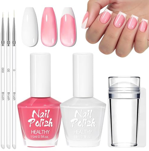 French Set di smalti per unghie – Lucido, ad asciugatura rapida e a lunga durata, non tossico, timbro per unghie e pennello sottile per nail art, rosa gelatina e bianco, per nail art, senza lampada UV