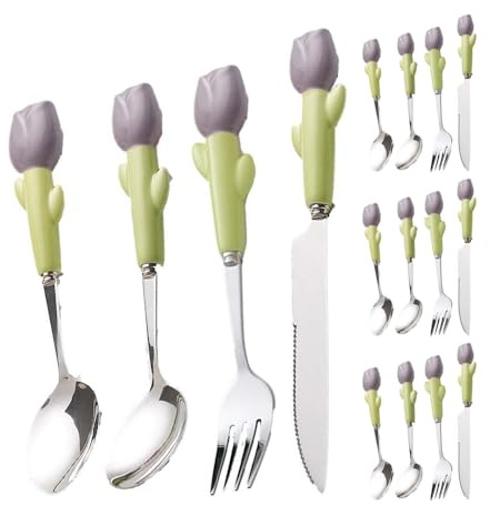 Set di Posate, Semplice Coltello in Ceramica, forchetta, Cucchiaio, Coltello da Bistecca, Posate da tavola, cucchiaino da tè, in Acciaio Inossidabile (Viola, 16 Pezzi)