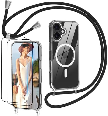 Nupcknn Magnétique Coque avec Cordon pour iPhone 17 avec Magsafe,avec 2 Verre Trempé,Transparent Coque Collier Réglable Téléphone Étui Portable Lanyard Case Protection Complète Cover