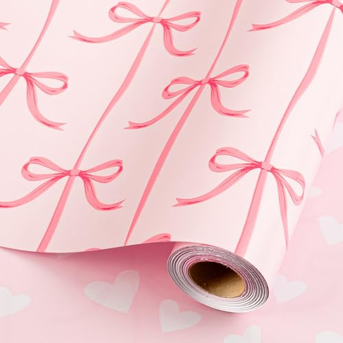 Wikadlik Geschenkpapierrolle mit rosa Schleife, süßes Liebesherz-Design, Geschenkpapier für Mädchen, Geburtstag, Valentinstag, Muttertag, Hochzeit, Abschlussfeier, Weihnachten, 43 cm x 10 m