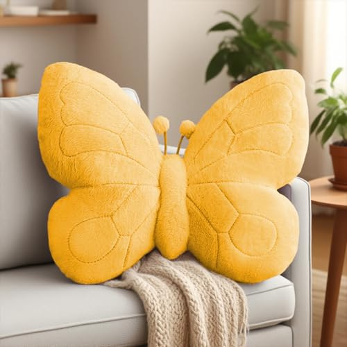Ueiwffzo Schmetterling Kuschelkissen Kinder Butterfly Kissen, Weich Flauschige Aesthetic Plüschkissen, Kreative Sofakissen Zierkissen Deko Kissen für Mädchen Schlafzimmer Deko (Gelb)