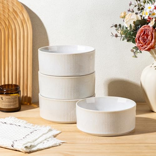 GBhome Stengods flingskålar set med 4, handgjorda keramiska skålar set för frukostsoppsallad, eleganta köksskålar för måltider, säker för diskmaskin och mikrovågsugn, reaktiv glas-beige