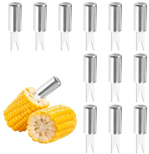 12PCS Stainless Steel Corn on The Cob Skewers – Sweetcorn Holders & Forks, BBQ Camping Kitchen Party Cooking Tools (Silver)