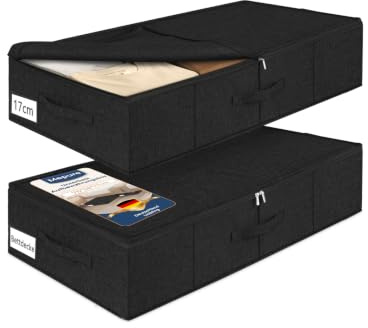 mepure 17cm Hohe Unterbett Aufbewahrungsbox, 76×40×17cm-50L，2pcs, Schwarz | Faltbare Unterbettkommode mit Deckel & Doppelreißverschluss, waschbarer Stoff, für Kleidung, Decken, Bettlaken & Kissen