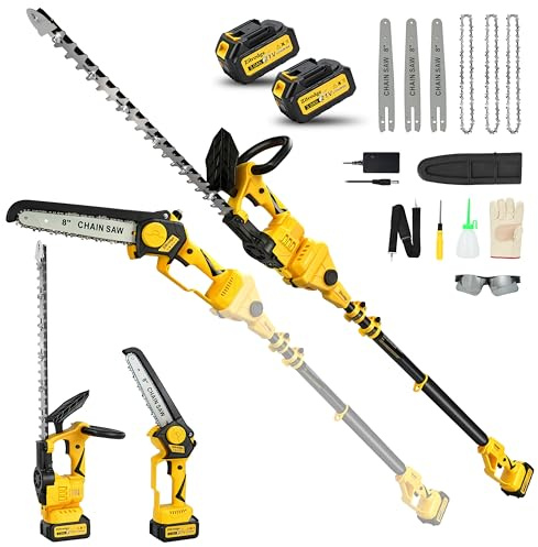 8 Pole Saw Cordless + 20 Pole Hedge Trimmer 4-in-1, Electric Mini Chainsaw/Hedge Trimmer with Extension Pole, 15Ft Max Reach for Tree Trimming and Shrubs Pruning, 2×3.0Ah Battery