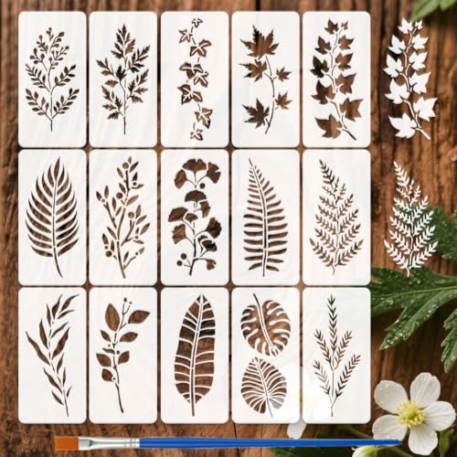 FINGERINSPIRE 15 Pz Stencil per Pittura a Foglie di Piante con Pennello, 20x10cm Stencil di Foglie di Felce di Palma Stencils di Piante Riutilizzabili per Dipingere su Pareti, Porte, Mobili in Legno