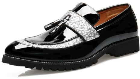 Mocassini da Uomo in Pelle PU con Nappe Glitterate - Scarpe Eleganti Slip-on Lucide per Matrimoni, Feste, Balli di fine Anno e Abiti Formali,Argento,41 EU