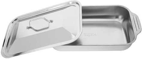 BAZEITFLOW Teglia Profonda in Acciaio Inossidabile con Coperchio Vassoio Multifunzionale per Grigliare Cuocere e Arrostire Pesce Pizza e Dolci Adatta Forno e Barbecue Dimensioni