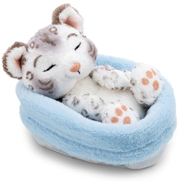 NICI Gosedjur, Snöleopard 12 cm, sovande i korgen, vit, mjukisdjur av mjuk plysch, sött mjukisdjur att gosa och leka med, för barn och vuxna, bra presentidé - 62871