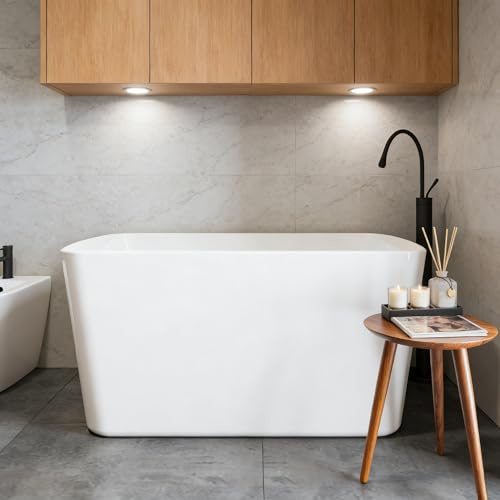 49 Inch Acrylic Freestanding Bathtub, Soaking Tub with Seat, Toe-Tap Drain, Slotted Overflow, Deep Ergonomic Design, cUPC Certified, Glossy White