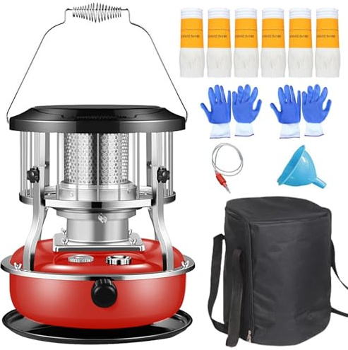 Petroleumofen für Innenräume, Tragbarer Petroleum Heizung mit 6 Dochten und 2 Handschuhen, 9000 BTU/h, Höhenverstellbar, Zum Heizen, Kochen, Camping Usw(Red)