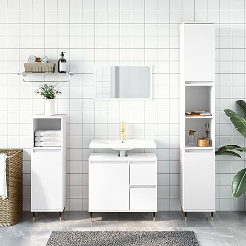 SooIarix Badskåp vitt 30 x 30 x 190 cm, smalt badrumsskåp av trämaterial med dörrar, stående hylla för badrumsmöbler och förvaringsutrymme