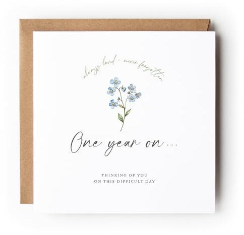 One Year Remembrance Card with Forget Me Not Flowers, Sympathy Anniversary Card, Thinking of You, In Loving Memory