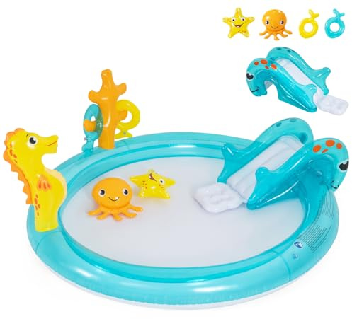 Maxmass Inflatable Water Play Center, Toddler Activity Paddling Pool with Slide, Sprinkler, Indoor Outdoor Children Swimming Pool Spray Splash Pools for Garden Backyard (Seahorse-Themed)