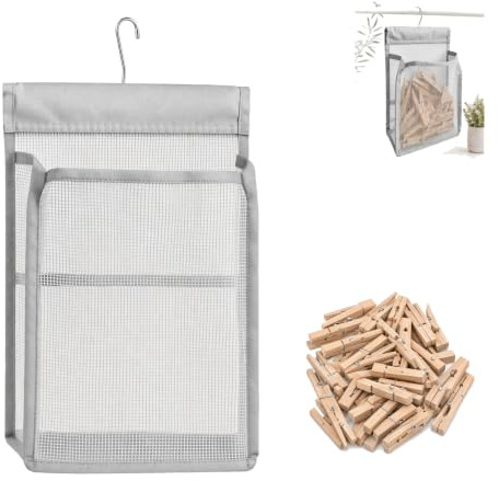 Peg Bag For Washing Line, Hanging Peg Bag with 60 Wooden Clothes Pegs(Grey) | Mesh Storage Holds Pegs Separate Pockets Ventilated Material Resists Damp for Balcony Bathroom Laundry Organisation