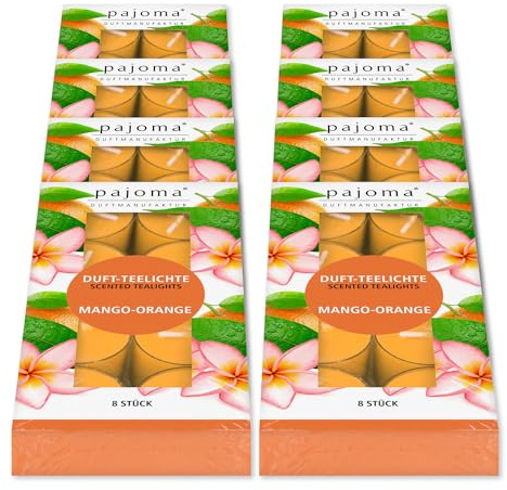 pajoma® Teelichte 8er Pack, Mango-Orange | 64 Duft-Teelichte in Polycarbonathülle, Brenndauer ca. 4 Stunden - Höhe 1,5 cm ø 3,5 cm | Premium Qualität | Deko, Gastronomie, Outdoor, Windgläser, Hochzeit