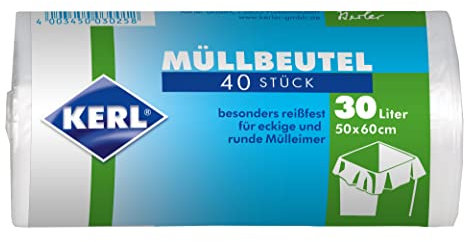 KERL Sacchetti della spazzatura 30 l, 40 pezzi, 50 x 60 cm, colore bianco