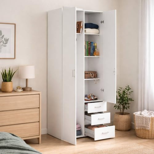 Dmora - Kleiderschrank mit zwei Türen und drei Schubladen, Farbe Weiß, Maße 77 x 200 x 49,5 cm