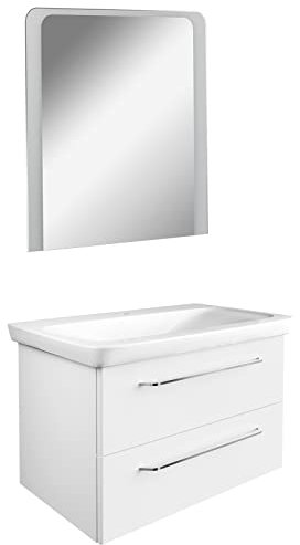 FACKELMANN weißes Hochglanz Badmöbel Set 3-TLG. Milano mit Waschtisch Unterschrank hängend Keramikbecken 80 cm & LED Badspiegel
