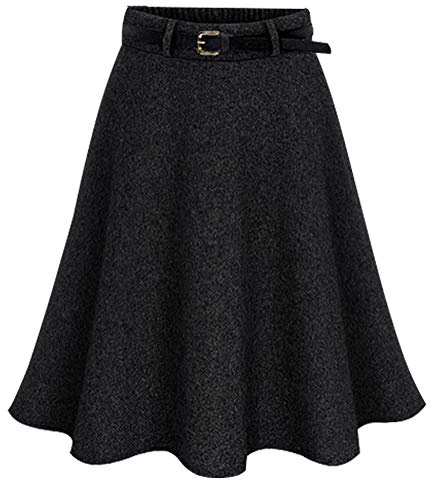 BiilyLi Femmes Vintage Élégant Haute Taille Hiver Jupe en Laine Automne Hiver Chaud A-Line Chaude Couleur Unie Taille élastique Midi Jupe (3XL / (Taille élastique:82CM), Noir)
