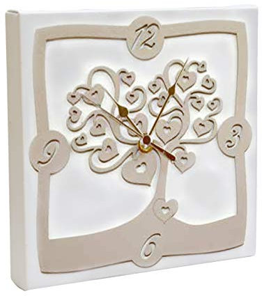oggettando, Orologio da parete ecopelle Bianca applicazione legno Tortora Albero della vita in scatola da regalo. Bomboniere, anniversari. Regali utili, Originali ed Economic. (45x45 cm)