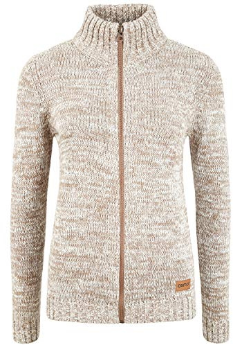 OXMO OXPhenix Damen Strickjacke Grobstrick Cardigan Strickcardigan mit Stehkragen Reißverschluss 100% Baumwolle Regular fit, Größe:L, Farbe:Dune (795409)