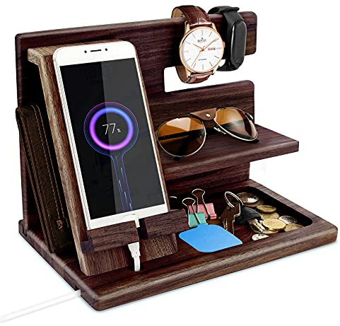 Geschenke für Männer Weihnachten Holz Telefon Dockingstation Uhren Geldbörsen Nachttisch Organizer Geburtstag Geschenk Papa, Geburtstagsgeschenke für Männer oder Vater Schreibtisch Organizer Holz