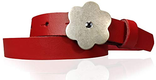 FRONHOFER Kindergürtel Leder 2 cm breit Größen 55-80 cm silberne Blumenschnalle mit Straßsteinchen plastikfrei extra dünn Made in Germany für Mädchen