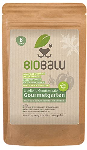 Biobalu Gourmetträdgård ekologisk – 8 gamla sorter – historiskt fröset grönsaker, frön sällsynta produkter i ekologisk kvalitet, fröfester och sällsynta grönsakssorter för utomhusland, växthus och balkong – presentset