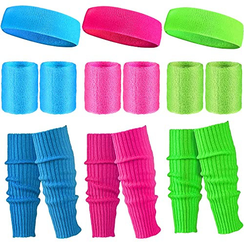 SATINIOR 3 Pcs 80s Leg Warmers Headband Set, Green, Rose Red, Blue