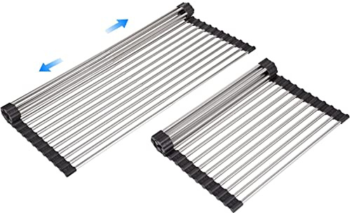 ARAINY Grand égouttoir extensible,enroulable résistant à la chaleur pour éviers en acier inoxydable,pliable au-dessus de l'évier, égouttoir à vaisselle antidérapant en silicone,18 tubes,33 x54cm