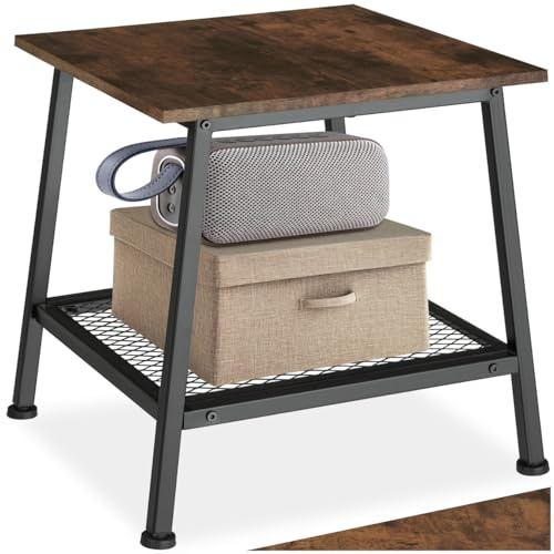 tectake® Beistelltisch Holz Metall, Couchtisch mit Stauraum, Nachttisch mit Gitterablage, Wohnzimmertisch 45,5 x 45 x 47 cm, Blumenständer, Beistelltisch Couch - Industrial Holz dunkel, rustikal