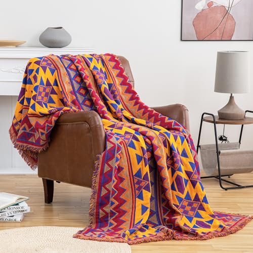 VANJOROY Bohemian Large Sofa Throw Blanket with Tassels,100% Handwoven Cotton Knitted Reversible Sofa Throw for Single 2 seater Settees Armchair Couch and Bed. 130×180cm