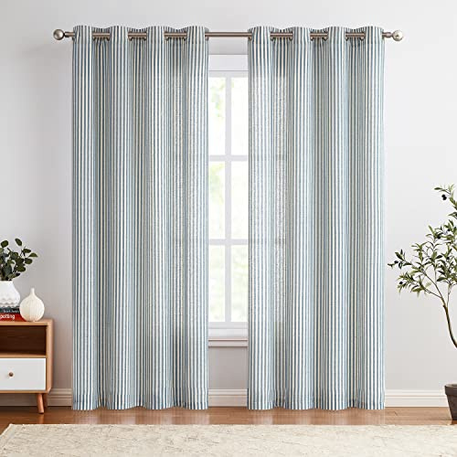 TOPICK Leinen Vorhänge Gestreifte Gardinen mit Ösen Modern Beige Leinenoptik Vorhang Wohnzimmer Privarsphäre Gardine Lichtfilterung Ösenschal mit Streifen Muster 2er Set H245xB130cm Blau auf Beige