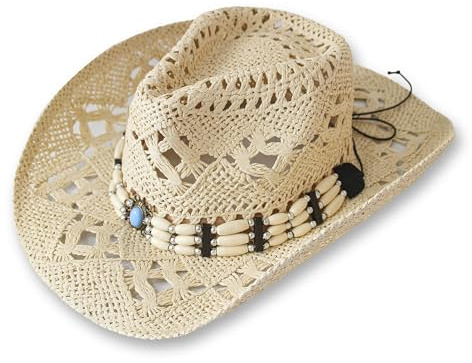 Cowboy Strohhut aus Denim Panama mit Western/Westernband, Unisex, Einheitsgröße, Herren, Damen, für Sommer, Coachella, Strand, brasilianischer Country Stil, Bohemia, Indiana, Naturbas