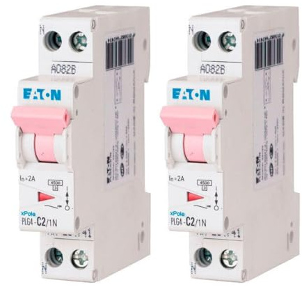 EATON 264741 PLG4-C2/1N - DISJONCTEUR MODULAIRE PH/N - Blanc - MANETTE ROSE - 1P+N / 2 A - COURBE C - Raccordement à vis - 2 disjoncteurs