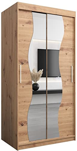 KRYSPOL Schwebetürenschrank Madryt 100 cm mit Spiegel Kleiderschrank mit Kleiderstange und Einlegeboden Schlafzimmer- Wohnzimmerschrank Schiebetüren Modern Design (Artisan Eiche)